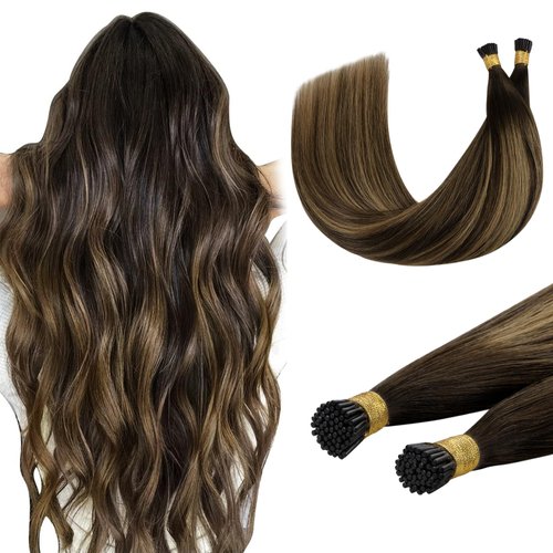 DOORES I Tip Hair Extensions Real Human Hair, Balayage Dark Brown to Chestnut Brown 18 Inch 50g/50s,I Tips Hair Extensions Human Hair Invisible I Tips Extensions Cold Fusion Hair Extensions Straight
