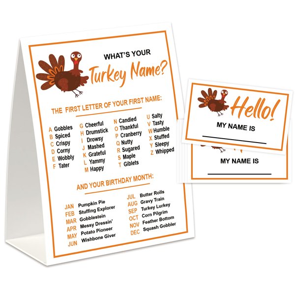 UHADRE What is Your Turkey Name Thanksgiving Game, Thanksgiving Party Game for Family, Thanksgiving Activity, Fall Baby Shower Game (One Sign with 30 Tag Stickers)-GEWYN02