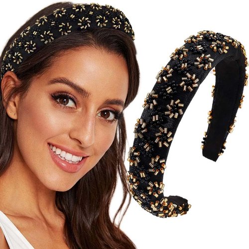 Fdesigner Bead Headband Black Rhinestone Wide Headbands Sparkly Crystal Hairband Beads Embellished Headpiece for Women and Girls