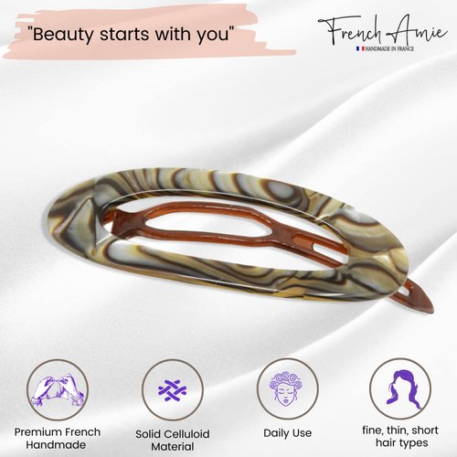French Amie Oval Cut Out Small 2.5” Celluloid Handmade Side Slide-in Barrette Clip Strong Hold No Slip Grip Durable Women Hair Accessories, Made in France (Silver Onyx Gray)