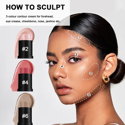 Cream Contour Stick Makeup Set, 2024 New Cream Blush, Bronzer Stick, Highlighter Stick for Face with Makeup Brush, Long Lasting & Natural Makeup Contour Stick for Beginner, 3 Color #02, 04, 06