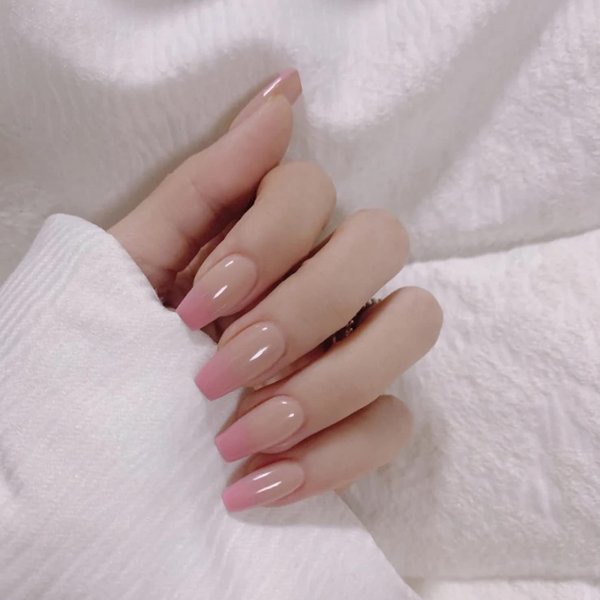 BABALAL 24PCS Press on Nails Medium Glossy False Nails Full Cover Gradient Pink Nude Coffin Fake Nails Ballerina Manicure Acrylic Nails for Women and Girls