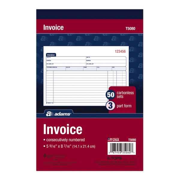 Adams Invoice Book, 3-Part, Carbonless, 5-9/16 x 8-7/16 Inches, 50 Sets per Book (T5080),White/Canary/Pink