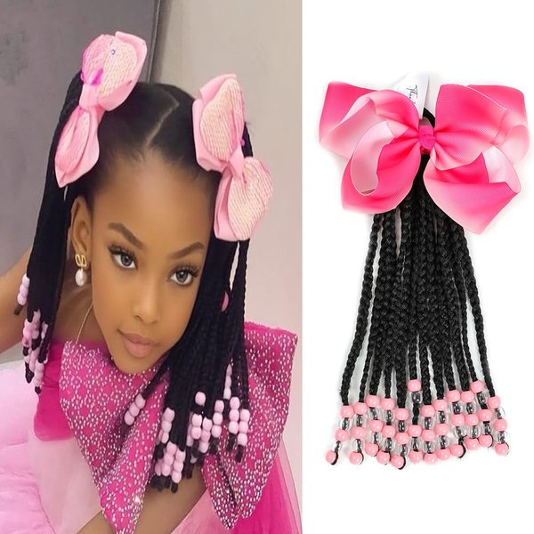 Kids Ponytail Extension With Beads Braids Hair Extensions For Kiddies Pony Beads Synthetic Hairpieces With Bows Protective Easy Fashion Hairstyle For Baby Girls Toddler Children Gift (Box-9inch, Pink)