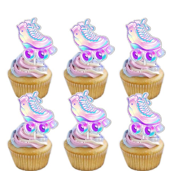18pcs Glitter Roller Skates Dessert Cupcake Topper Children Boy Girl Happy Birthday Party Decorations 80s 90s Retro Hip Hop Roller Skating Theme Decor Supplies