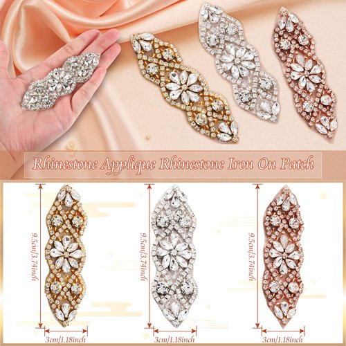 4 Pieces Rhinestone Applique Rhinestone Iron on Patch Rhinestone Hot Fix Applique Wedding Hair Appliques for Bridal Wedding Dress Clothes Sash Crystal Belt Sewing Appliques for Shoes (Silver)