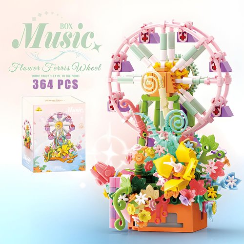 Music Box Flower Building Block（364pcs) Set Rotating Ferris Wheel Diy Building Toys For Kids Adults Display Collection Creative Home Office Gift For Christmas Birthday New Year Valentine's Day