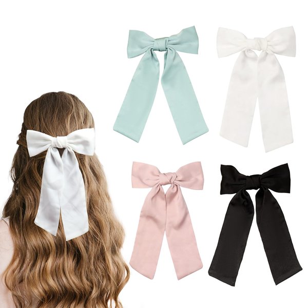 Hair Bows for Women Hair Bows for Girls Satin Bow Hair Clips,Ribbon Bows Hair Accessories for Women,Girl 4PCS（White,Pink,Blue,Black)