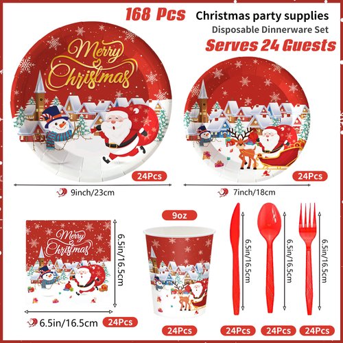 168Pcs Christmas Party Supplies Tableware Set Cartoon Santa Claus Snow Merry Christmas Party Decorations Christmas Paper Plates and Napkins Winter Party Dinnerware,Serve for 24 Guest