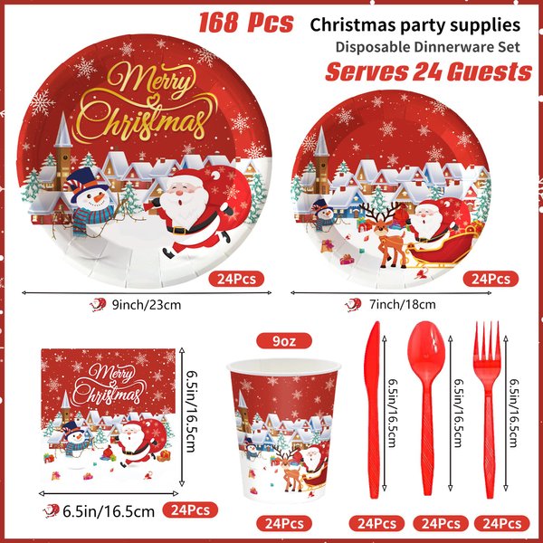 168Pcs Christmas Party Supplies Tableware Set Cartoon Santa Claus Snow Merry Christmas Party Decorations Christmas Paper Plates and Napkins Winter Party Dinnerware,Serve for 24 Guest