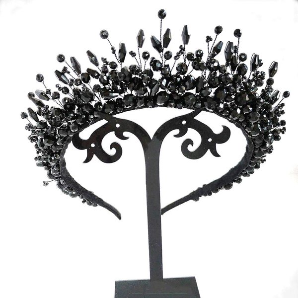 Aimimer Bridal Black Crystal Tiara Crown Handmade Baroque Headband Luxury Wide Hair Hoop Princess Prom Party Hair Jewelry for Women and Girls