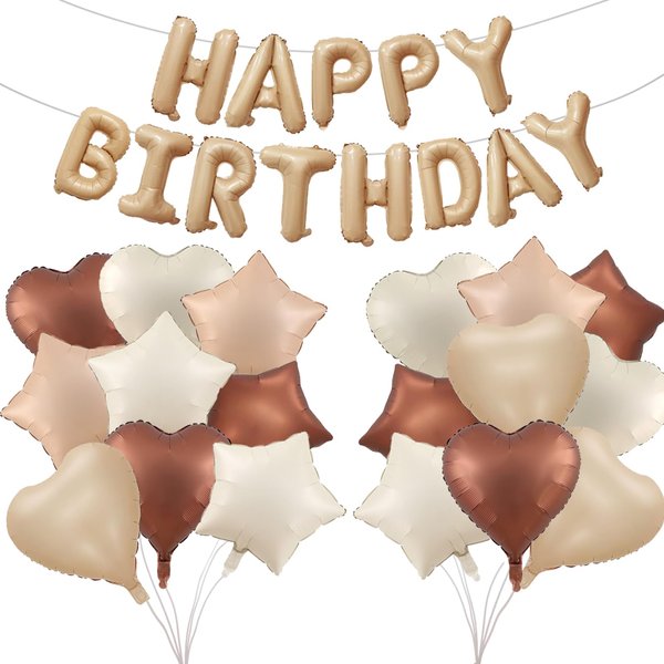 Happy Birthday Balloon Banner Foil Balloons Neutral Balloons Cream Caramel Beige Brown Balloons Heart Balloons for Girl Boy Birthday Party Decor Supplies