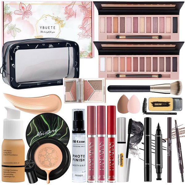 YBUETE Makeup Set Kit for Women Full Kit, Makeup Present for Women Teen Girl, Eyeshadow Foundation CC Cream Face Primer Brush 3 in 1 Palette Lip Gloss, Eyebrow Soap Mascara Eyeliner Makeup bag