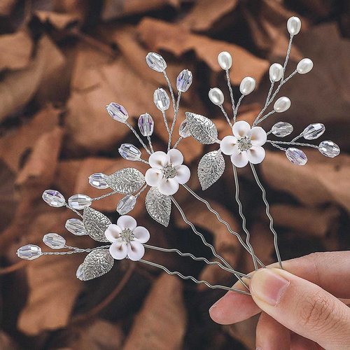 Latious Flower Bride Wedding Hair Pins Silver Pearl Bridal Hair Piece Floral Hair Clips Leaf Hair Accessories for Women and Girls (Pack of 3) (A-Silver)