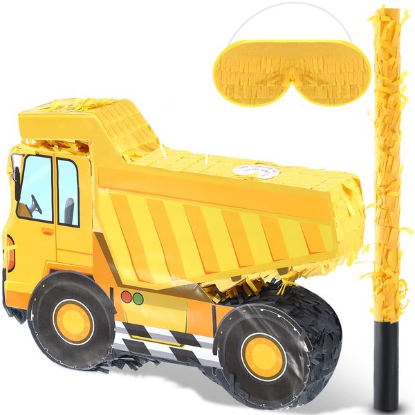 Aoriher Construction Dump Truck Piñata Construction Piñata with Blindfold and Bat Construction Party Supplies Tractor Excavator Piñata for Boy Kids Construction Truck Birthday Decor (Dump Truck)