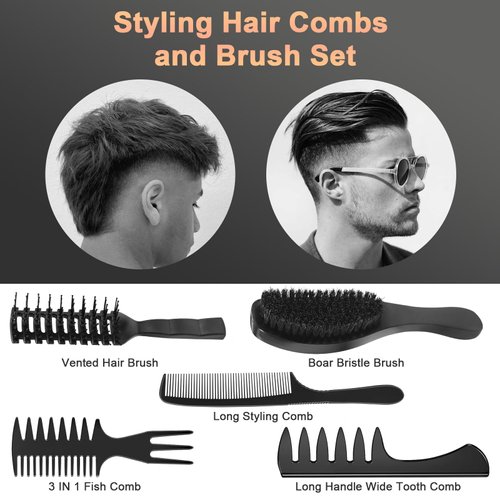 DUAIU Hair Brush, Boar Bristle Hair Brush and Hair Comb Set, Men Professional Styling Hairbrush Wide Tooth Comb for Curls Straight Thick Thin All Hair (5 PCS)
