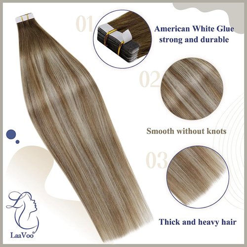 LaaVoo Tape in Human Hair Extensions Balayage Ombre Real Human Hair Extensions Tape in Remy Hair Extensions Light Brown Fading to Platinum Blonde with Brown 20pcs 50g 14 Inch