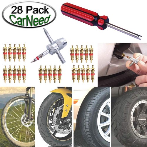 Febrytold 3 Pcs Tire Valve Core Remover Tools with 25 Pcs Brass Valve Stem Cores, 4-Way Valve Stem Core Tool, Dual & Single Head Tire Valve Core Remover Installer Tools