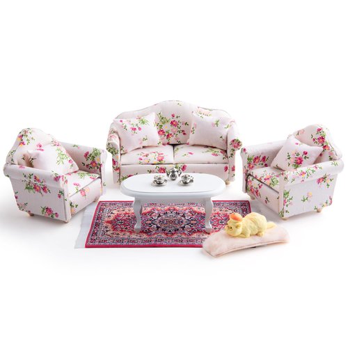 1/12 Dollhouse Sofa Set,16 Pcs Wooden Miniature Dollhouse Accessories Furniture Set,Kitten,Table,Tea Set,Carpet and Living Room Fabric Furniture Couch with Back Cushions for Dollhouse Lovers