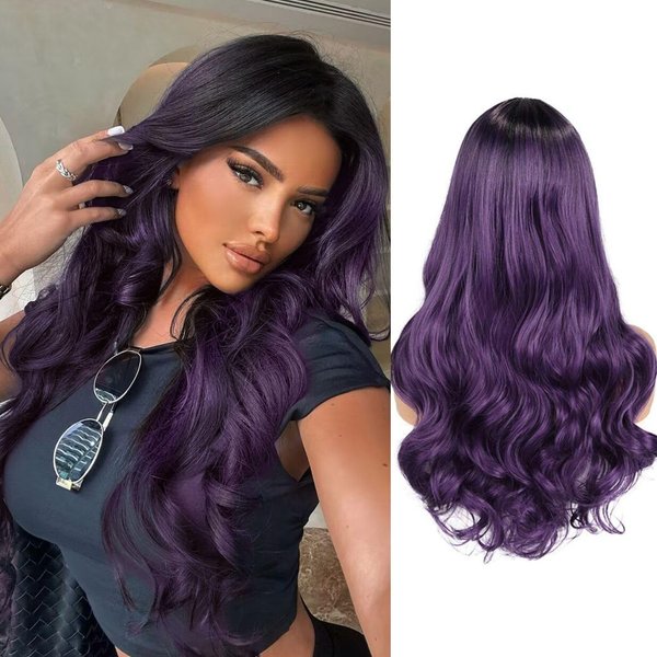WIGER Long Curly Wavy Wigs Long Ombre Purple Wigs Ombre Dark Purple Wavy Hair 26 Inch Middle Part Synthetic Colored Wigs for Women 2 Tones Full Wigs for Cosplay &Party