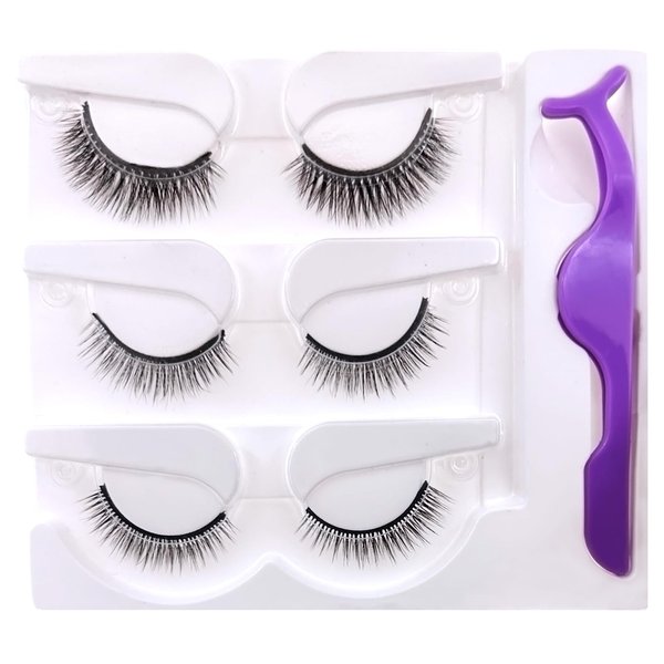 SLSXNL Reusable Self Adhesive Eyelashes Self Sticking Natural Look Without Glue - 3 Pairs Fluffy Wispy Self Adhesive Lashes Strip False Eyelashes with Tweezer