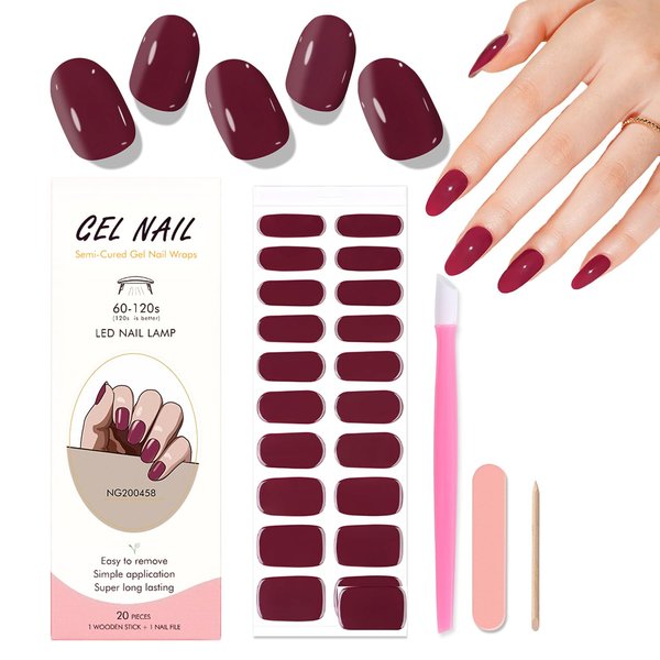 WOKOTO Semi Cured Gel Nail Strips, 20 Pcs Burgundy Red Semi Cured Gel Nail Art Stickers Full Wraps with Nail File & Wood Stick, UV Light Required, Salon Quality, Easy to Apply&Remove
