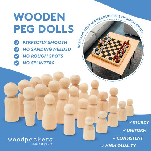 Wooden Peg Dolls 3-½” 10 Mom & 10 Dad Set Unfinished Birch Wooden Figures for People Crafts & Wedding Cake Toppers by Woodpeckers