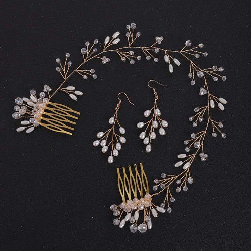 fxmimior Bride Pearls Crystal Headband Wedding Hair Accessories Crystal Hair Vine Headband Wedding Evening Party Hair Piece for Women and Girls（gold ）（earrings&headband）
