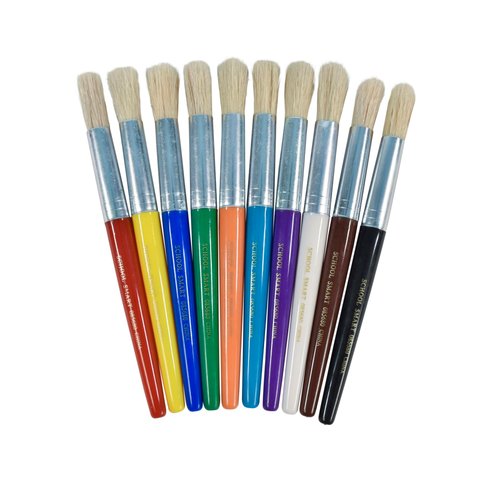 School Smart Stubby Paint Brushes with Plastic Handles for School and Arts and Crafts Use, Assorted Colors and Sizes, Set of 10