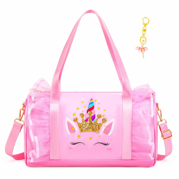 Dorlubel Cute Ballet Dance Bag Gym Travel Duffle Bag for Girls Tutu Dress Bag with Key Chain for Girls (Pink4 of Long Mesh)