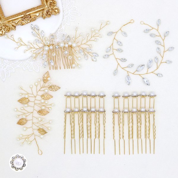 Braveamor Wedding Hair Accessories Bridal Pearls Hair Pins Rhinestone Headpieces Crystal Hair Piece Wedding Hair Side Combs for Brides and Bridesmaids (23 Pack)(Gold)