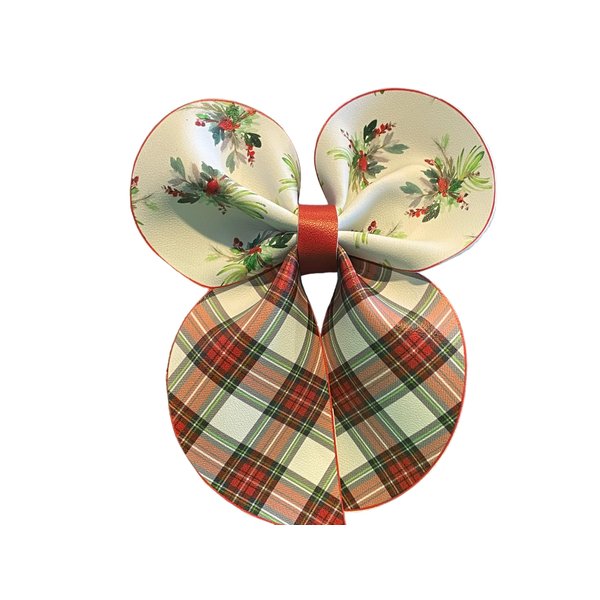Red Tartan Plaid, Holly Faux Leather Bow, Winter Hair Bow, Red, Green, White