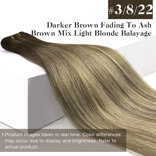 Sunny Ombre Human Hair Weft Extensions Brown Sew in Hair Extensions Balayage Dark Brown Faded Light Brown Mix Blonde Hair Wefts Human Hair Sew in Straight Hair Bundles for School 100g 18inch