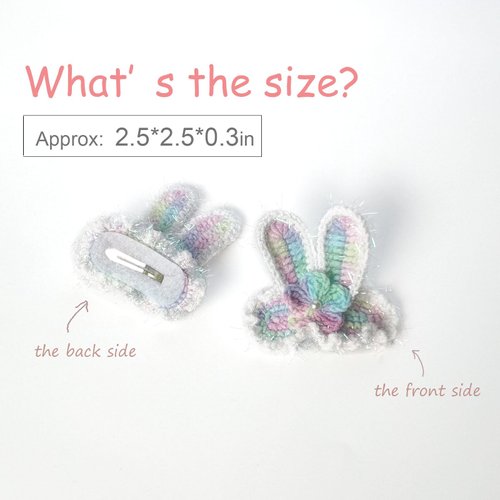 WOCATS 2pcs Metal Snap Hair Clips -Handmade Woven Knitting Adorable Bunny Crochet Hairpins as cool gifts for Wedding Party Makeup Birthday Decoration (Blue Rainbow)