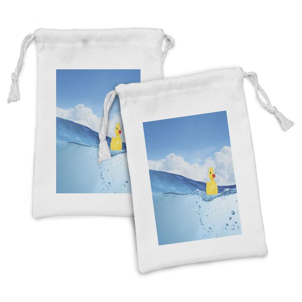 Ambesonne Rubber Duck Fabric Pouch Set of 2, Little Duckling Toy Swimming in Pond Pool Sea Sunny Day Floating on Water, Small Drawstring Bag for Toiletries Masks and Favors, 9" x 6", Blue and Yellow