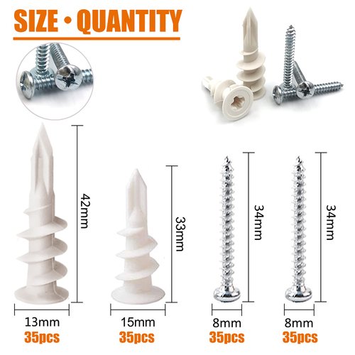 ISPINNER 140pcs Plastic Drywall Anchors Self Drilling Hollow Wall Anchors with Screws Assortment Kit (13x42mm + 15x33mm)