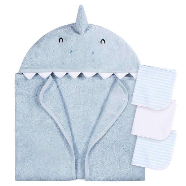 Gerber Baby 4 Piece Animal Character Hooded Towel and Washcloth Set, Blue Shark, One Size