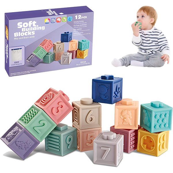 OBEST 12Pcs Baby Blocks Soft Stacking Building Blocks for Toddler Baby Girl Boy 6-18 Months,Montessori Learning Infant Toys 12-18 Months,Squeeze Sensory Toy,Bath Toy,Gift Baby Girl Boy Newborn
