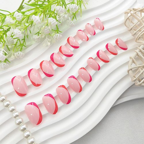 Acrylic Press on Nails Short Oval Rose Red and Orange French Tip Fake Nails Press ons Light Pink Full Cover Stick on Nails Glossy Artificial False Nails for Girls 24Pcs