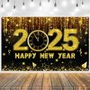 Happy New Year Banner Backdrop Decorations, Happy New Year Decorations 2025, Black Gold New Year Party Decorations Banner Backdrop for 2025, New Years Eve Party Supplies
