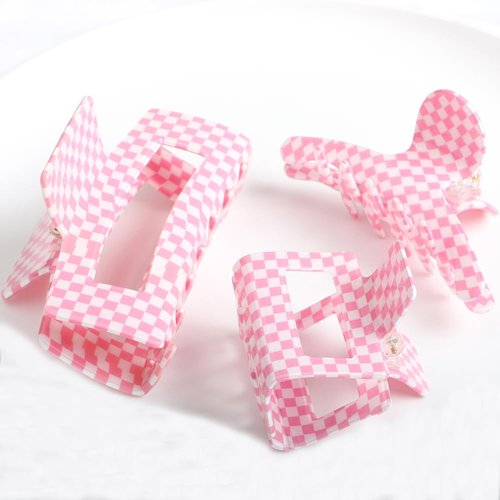 Checkered Hair Claw Clips,Pack of 3,Vintage Pink/White Checkered Claw Clips Cellulose Acetate Banana Clips,Nonslip Hair Clamp for Women Girls (Pink)