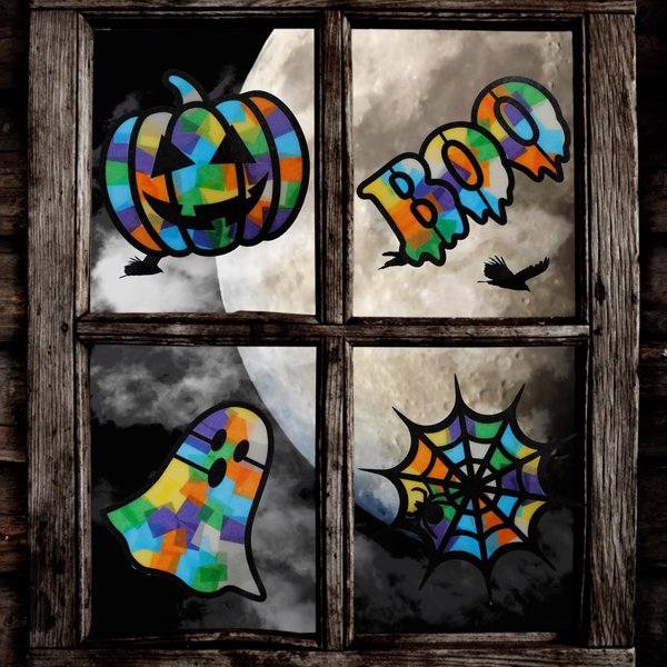 Yeaqee 24 Pack Christmas DIY Suncatcher Paper Crafts Stained Glass Effect Paper Suncatchers, 700 Tissue Papers, Window Art Arts and Crafts for Fall Halloween Party Favors (Cute)