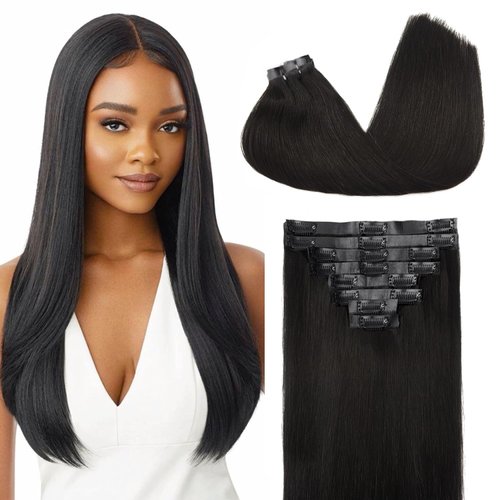 Seamless Clip in Hair Extensions PU Skin Weft Invisible Hair Extensions Seamless Clip Ins for Women Real Remy Human Hair Straight Natural Black 8Pcs 120g(20inch,1B)