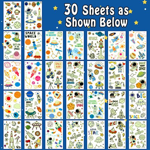 Partywind 290 Styles (30 Sheets) Luminous Space Tattoos for Kids Party Decorations, Glow Outer Space Party Supplies Favors with Astronaut/Rocket/Planet, Kids Games for Glow Party