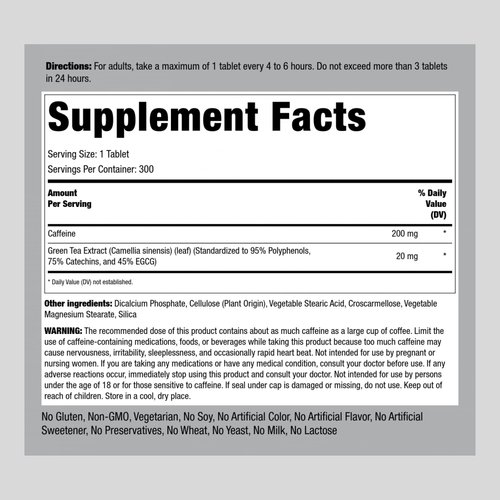 Piping Rock Caffeine Pills 220mg | 300 Tablets | Plus Green Tea | Pharmaceutical Grade | Non-GMO, Gluten Free Supplement