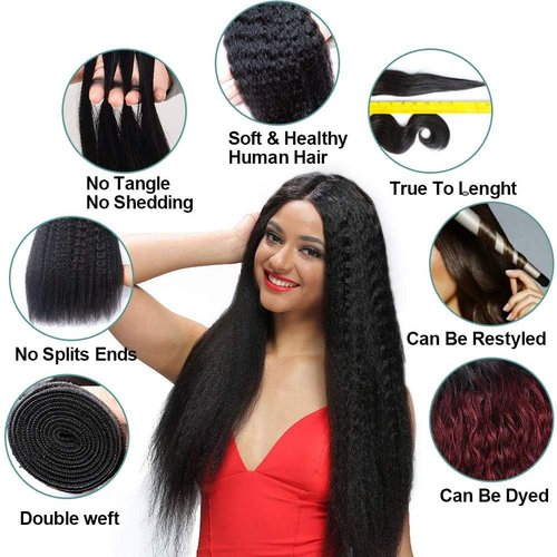 ADOIFAIR Kinky Straight Human Hair Bundles 18 20 22 Inch Yaki Straight Human Hair Extensions 100% Unprocessed Brazilian Virgin Kinky Straight Human Hair For Black Women Natural Black