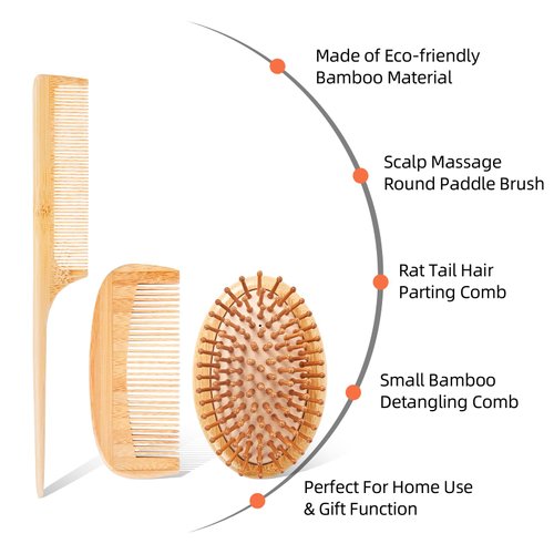 3PCS Bamboo Hair Brush Set, Wide-tooth and tail comb, Massaging Scalp, Detangling brush for Women, Men &Kids, Eco-friendly Natural Wooden for All Hair Types by Msnasit