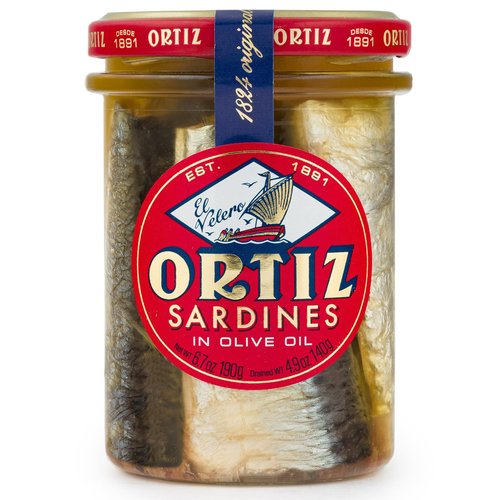 Ortiz Sardines in Olive Oil, 6.7 oz. Jar 2 Pack | Spanish Old Style Sardines ‘A la Antigua', Skin On | Sardines in Olive Oil, Wild Caught [6.7 oz. Each]