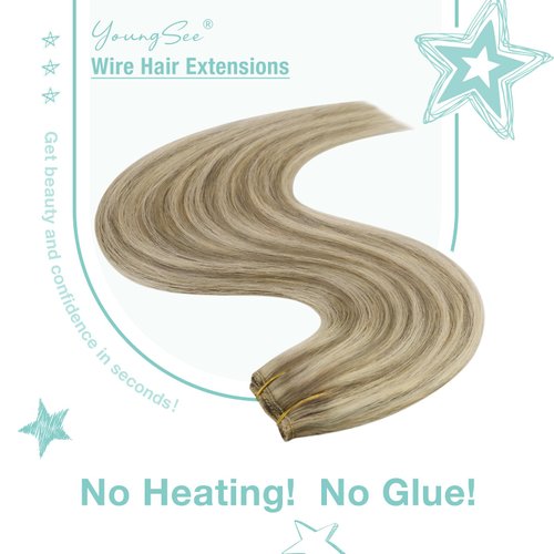YoungSee Wire Hair Extensions Highlight Invisible Wire Human Hair Extensions Highlights Light Brown with Platinum Blonde Real Hair Wire Extensions Human Hair Extensions with Wire 70G 12Inch