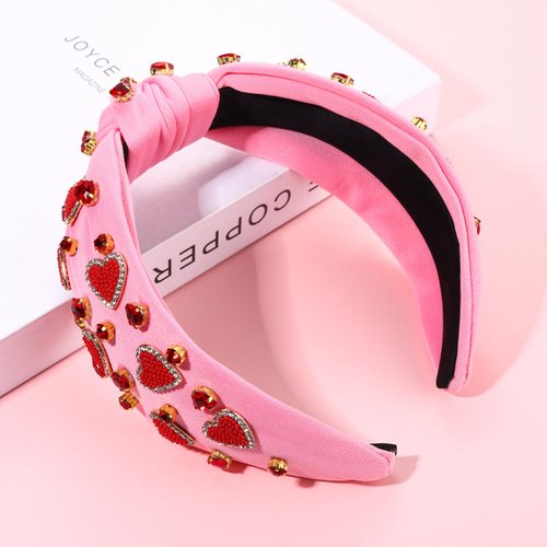 YAHPERN Valentine’s Day Headband for Women Red Pink Heart Knotted Headband Jeweled Rhinestone Crystal Wide Top Knot Hairband Valentine’s Day Hair Accessories Holiday Gifts (Pink)